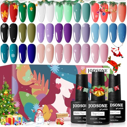JODSONE Juego de esmaltes de uñas de gel de 23 piezas con base brillante y capa superior mate uñas de gel multicolor de larga duración adecuado para todas las estaciones…