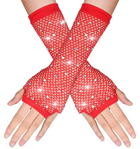Guanti Donna a Rete Lunghi Rosso Senza Dita con Strass Guanti da Opera di Moda Lucidi per Feste in Costume Anni '80 Forniture per Cosplay di Halloween