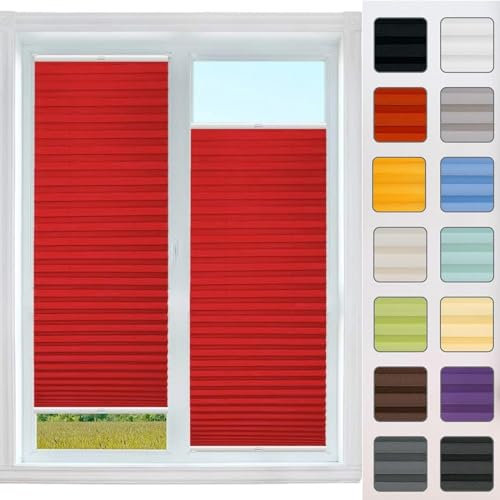 Plissee ohne Bohren Verdunkelung 25 x 40 cm Hochwertigsten Materialien,Sichtschutz Jalousie Faltrollo Blickdicht, inkl Befestigungsmaterial, für Schlafzimmer Badezimmer, Rot