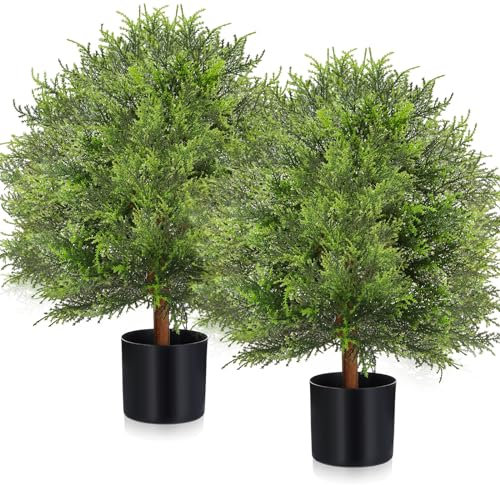 Zeyune 2 piezas de cedro artificial de 20 pulgadas, árbol de bola de árbol de imitación en maceta, arbustos artificiales para exteriores, arbustos artificiales para exteriores, topiario para