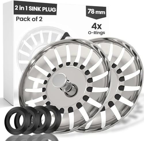 Fixciti 78mm/2Pcs Sink Strainer UK Plug - Stainless Steel, Anti-clog Kitchen Sink Plug Replacement With 4 Rubber Seals - Dual Functional Sink Drain Strainer - Food Catcher, High Flow Strainer