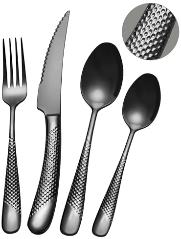 SHEUMNT Set di Posate 24 Pezzi Moderne nero martellato con Coltello seghettato 2 in 1 Ultra affilato, Servizio Posate Acciaio Inox, Set forchette cucchiai coltelli 6 Persone noir martelé