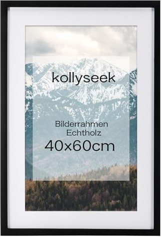 kollyseek Marco de fotos de 40 x 60 cm, de madera de pino con paspartú, marco de madera de pino con cristal acrílico irrompible, marco de fotos de madera de pino, negro, marco de fotos, decoración de