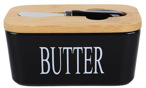 Beurrier en Céramique Avec Couvercle en Bois et Couteau en Acier Inoxydable, Grand Récipient à Beurre Multifonctionnel Avec Double Joints en Silicone Pour Beurre, Noix, Fromage (noir)