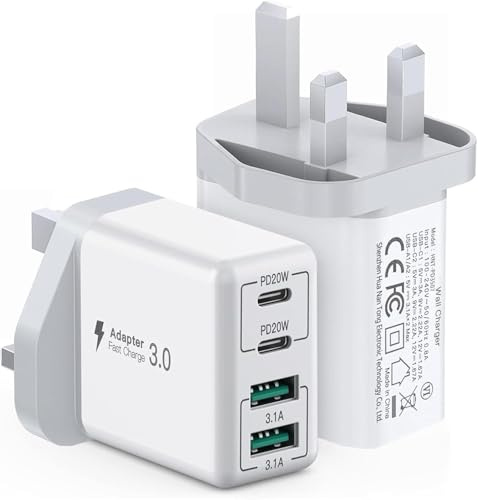 [2Pack] USBC and USB Plug, 40W 4-Ports Charger, Multi Plug Wall Charger | Dual PD20W Type C Port+Dual USB A Port, Fast Charge Power Adapter for iPhone 17/16/15/14/13/12/XR/Samsung Galaxy S25/iPad