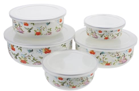 Alipis Enamel Mixing Bowl Set of 5 with Transparent Lids 7.32 Inch Diameter Vintage Style Soup and Salad Bowls Food Storage Containers for Kitchen and Dining