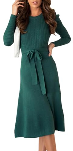IBAKOM Femmes Automne Pull Robe Hiver Skinny Tricot Manches Longues Lacets Volants Midi A - Type Robe Décontractée Vert XXL