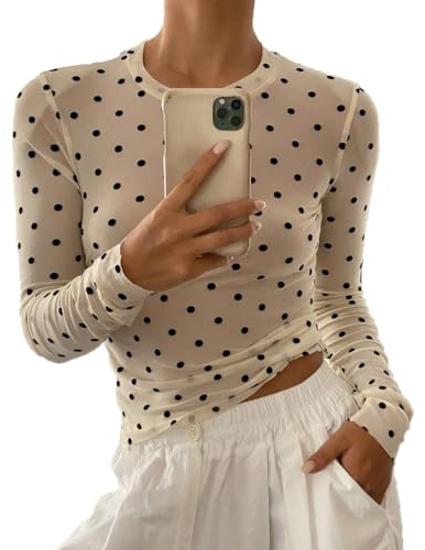 GCZREN Women Trendy Crew Neck Polka Dot Sheer Mesh Blouse Sexy Slim Fit Long Sleeve See Through Crop Shirt Fall Clubwear Beige