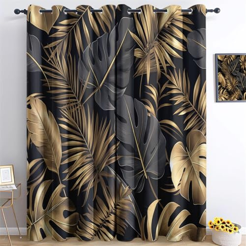 Vorhänge Schwarzes Gold Muster - Goldene Monstera-Blätter Fenster Gardinen mit Ösen, Vorhang Blickdicht Verdunklungsvorhänge Thermovorhang für Wohnzimmer Schlafzimmer H215 x B110 cm (2er Pack)(B x H)