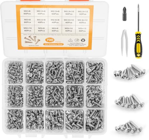 Anstore 405 Edelstahl Rundkopfschraube Set mit Schraubschrauber, Bohrer, Kunststoffpinzen, Sortierbox, Holzschrauben M3 M3.5 M4 Blechschrauben Selbstschneidende Schrauben Sortiment für Befestigung