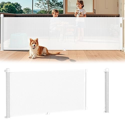 Aufun Treppenschutzgitter Türschutzgitter Ausziehbar 0-300cm, Baby Einziehbares Tür Schutzgitter Treppe für Katzen und Hunde Sicherheitstrennwand für Innen Außenbereich, Weiß