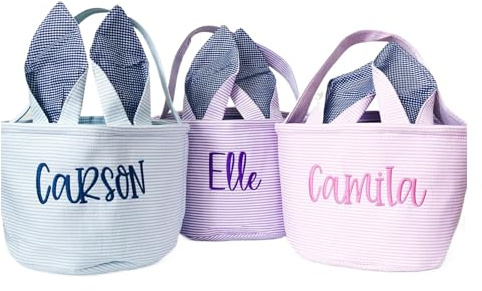 Seersucker-Osterkorb mit Gingham-Hasenohren, bestickter Namen, Leinwand, Seersucker-Osterkörbe für Kinder, Jungen, Mädchen, Geschenk (lila)
