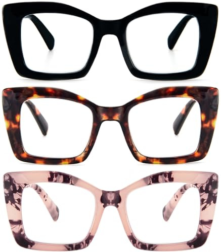 KoKoBin 3 Pack Occhiali da lettura quadrati da donna Oversized con cerniere a molla per computer (Nero/Marrone Leopardo/Rosa Leopardo, 2, Diottria)