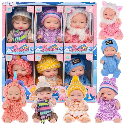 dollbie 6pcs Geschenkset 4 Zoll Mini Babypuppen enthalten niedliche kleine Babypuppe mit Kleidung Eignung Kinder 3 und mehr Geburtstag Weihnachten (005)
