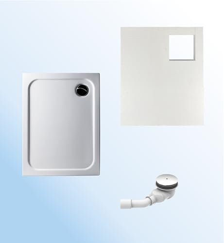 KOMPLETT-PAKET: Duschwanne 90 x 75 cm superflach 2,5 cm weiß Dusche mit GERADER UNTERSEITE Acryl + Styroporträger/Wannenträger + Ablaufgarnitur chrom DN 90