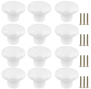 JIAYUET 12Pack White Ceramic Drawer Knobs with Screws,Round Mushroom Handle for Cupboard, Wardrobes, Kitchen, Bedroom and Bathroom(32mm x 24mm)