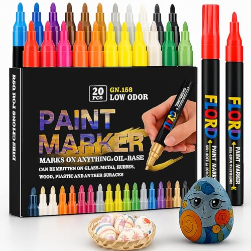 RiyaNed Lot de 20 marqueurs acryliques imperméables pour pierres - Marqueurs permanents de 3,0 mm - Convient pour verre, bois, céramique, toile, pneus, métallisé, Pâques et Noël - 20 couleurs