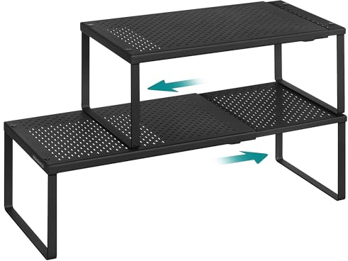 SONGMICS Spice Racks, Extendable Cupboard Organisers, Kitchen Countertop Shelves, Set of 2, Space-Saving Metal Storage, Matte Black KCS402B01
