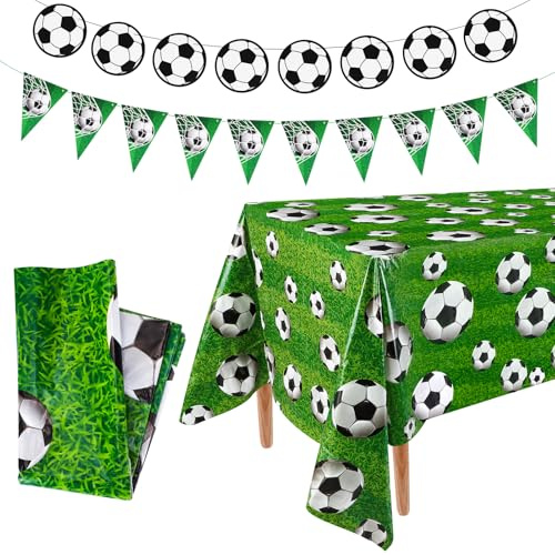 taonganui 10er Fußball-Wimpeln und 1er 137x274cm Fußball Tischdecke Set | 10er DIY Fußball-Wimpel und 1er Fußball Tischdecke Fußball Dekorationen für Kinder Partyzubehör, Fußball-Thema Tischdeko