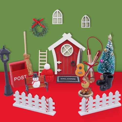 Vookkp Porta Elfo Natale Kit 19PCS Decorazioni Miniature Casetta in Legno Elf on the Shelf Kit ElfoNatale Decorazioni Natalizie Elfo Casa Delle Bambole di Natale