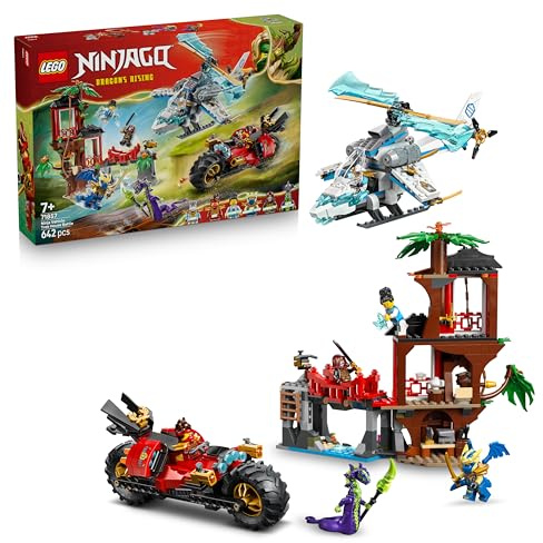 LEGO Ninjago Batalla de Vehículos Ninja Junto a la Casa del Árbol - Moto y Helicóptero de Juguete - Minifiguras de Acción con Armas Ninja - Regalo para Niños 7+ Años - 71857