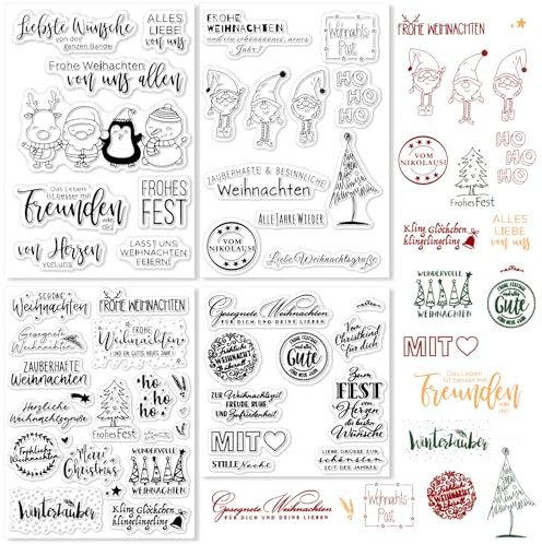 LERKNVOE Stempel Weihnachten, 4 Blätter Silikon Weihnachtsstempel, Silikonstempel Frohe Weihnachten Stempel Set, Personalisierter Merry Christmas Stamps Deutsch, Für DIY Geschenk Kartenherstellung