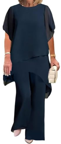Generisch Traje de pantalón elegante para mujer, conjunto de 2 piezas, blusa de tul y gasa con pantalones, ropa de noche festiva, tallas grandes