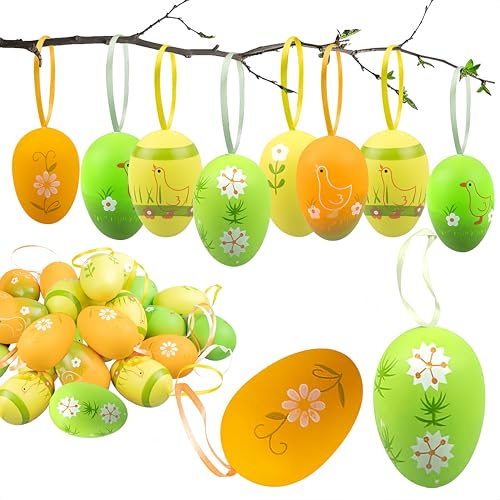Dowdiles 24 Bunte Plastik Ostereier mit Aufhängung, Ostereier Deko, ideal für Garten, Baum und Osterstrauch
