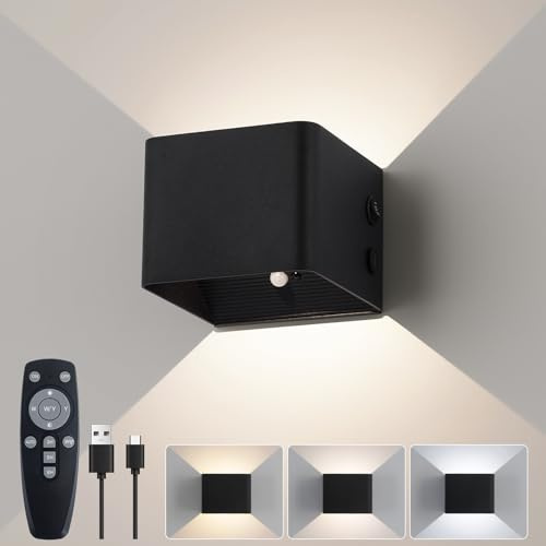 YCZM Applique Murale à Dètecteur de Mouvement avec Télécommande,Lumière Murale Sans Fil LED,3 Couleurs,Applique Murale Haut et bas,Batterie Rechargeable 4000mAh,Alimentation par Batterie Noir 1 Pack