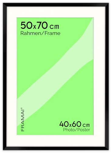 FRAMAI® Bilderrahmen 50x70 cm in Schwarz – mit Passepartout – MDF Holzrahmen, bruchsicheres Plexi, umweltfreundlich, mit Aufhängung & Ständer – Hochformat & Querformat