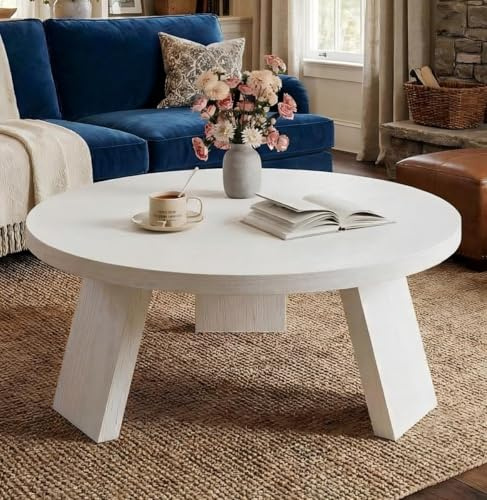IDEALHOUSE 33.5 Round Coffee Table, Modern Circle Center Table with Inclined Legs, Accent Cocktail Tables for Living Room, Bedroom, Easy Assembly, White