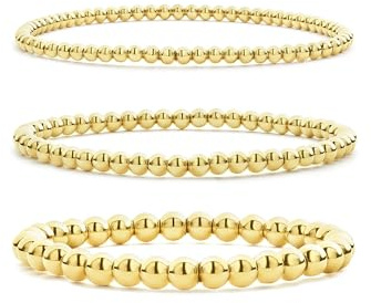 Wassazi Gold Armband Set Damen,Gold & Silber Edelstahl Perlen Armbänder mit 3/4/5/6mm Perlen, 3-teilig oder 4-teilig Stück Armband, Elastische Armbänder, Schmuck für Damen