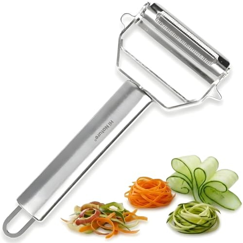 HI NATURE™ 2-i-1 rostfritt stål sparskalare & Julienne skärare – professionell grönsaksskalare & spiralskärare för zucchini spaghetti, morötter och potatis – rostfri och diskmaskinssäker