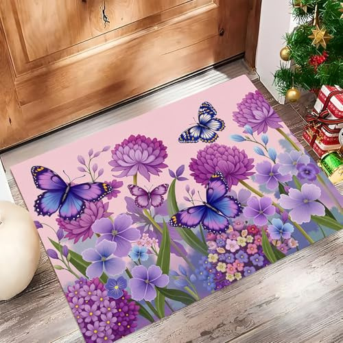 Hortensia Papillon Aquarelle Paillasson Imprimé avec Envers en TPR Antidérapant Naturel, 60x90cm pour Entrée Extérieure Intérieur Lavable en Machine Tapis, Violet