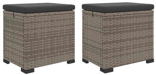 vidaXL Garten-Fußhocker mit Kissen 2 Stück Grau Poly-Rattan, Moderner rechteckiger Gartenfußhocker, Rattandesign, wetterfester Sitz, Stahlrahmen, Patio-Hocker