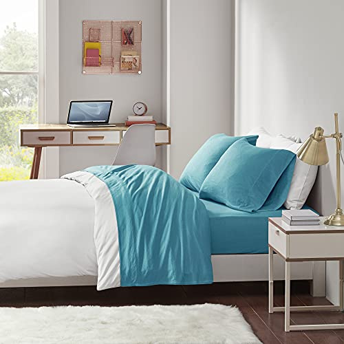 Intelligent Design Cotton Blend Jersey Knit Twin Bed Sheets , Coastal Cotton Bed Sheet , Teal Bed Sheet Set 3-Piece Include Flat Sheet , Fitted Sheet & Pillowcase