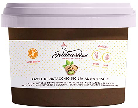 Dolcincasa-com Pistazienpaste Sizilien 100% rein natürlich schmackhaft weich vielseitig einsetzbar ohne Farbstoffe für Eiscremes Gebäck Heim und Profi Verwendung Glutenfrei 500g Packung