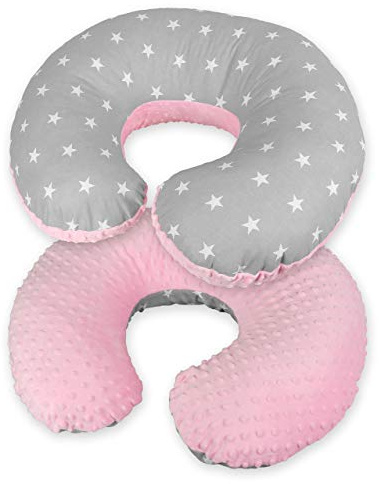Nursing Pillow Dimple Breast and Bottle Feeding Cushion Baby/Newborn Washable Removable Cotton Cover Maternity Pregnancy Gifts (Pink/Small White Stars on Grey)