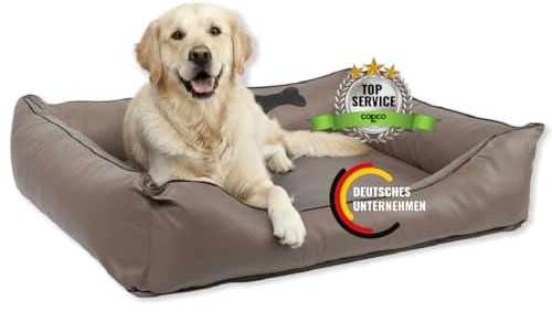 CopcoPet Orthopädisches Hundebett Grosse Hunde XL – Waschbares Hundekissen 【Kunstleder】 Hundekorb aus Kunstleder - Formstabiles Hundesofa - Hundekörbchen mit Rand für Hunde, Dog Bed Mocca 110x90 cm