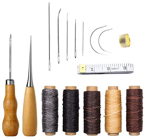 FORTSPANG Leder-Nähset 16-teilig mit Ahle, Nadeln, Wachsfaden, Fingerhut | Hand Leder Werkzeug Nähset mit Nähnadeln Für Lederreparatur & DIY-Projekte