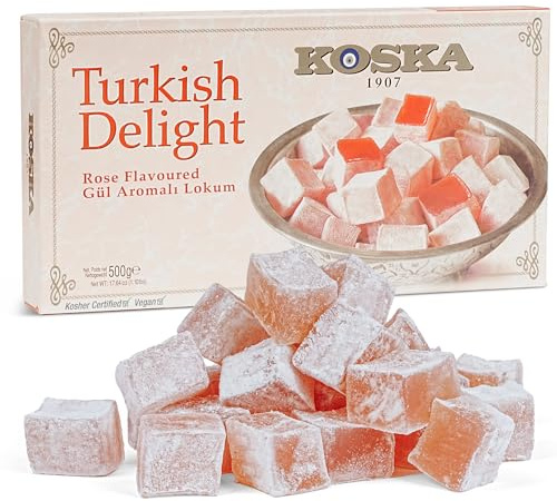 Rose Lokum 500 g, Türkischer Rosengenuss aus Koska | Geschenkgröße 500 gr | Vegan | Halal | Koscher | Glutenfrei I Turkish Delight, Gül Aromali Lokum, Türkischer Honig, Türkische Süßigkeit,