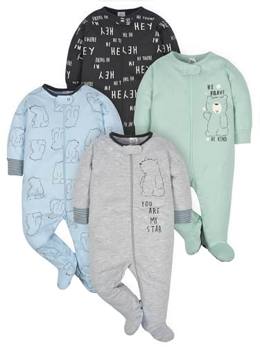 Gerber - Juego de 4 pijamas con diseño de oso, con cremallera frontal para bebé niño con puños de manoplas