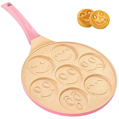 Erreke Pancake Pfanne, Geeignet für Induktion, Antihaft Bratpfanne für Pancakes, Pfannkuchenpfanne, Pfannkuchenpfanne Induktion, Crêpe Pancake-pfanne, 7 Smiley-Pfannkuchen, Weicher Griff, Pink Farbe