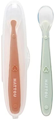 Nattou Silikon-Löffel für Kinder, 2er Set, Länge: je 16 cm, Mit Transportbox, BPA-frei, Silicon, Orange/Grün