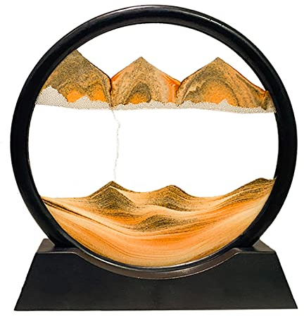 Yuomiker Dynamisch 3D Sandbilder zum Drehen, Fließende Sandmalerei runder Glas Rahmen, Bewegtes Sandbild Natürliche Landschaft, Entspannende Dekoration für Büro Heim Desktop-Kunst (Gelb, 12)