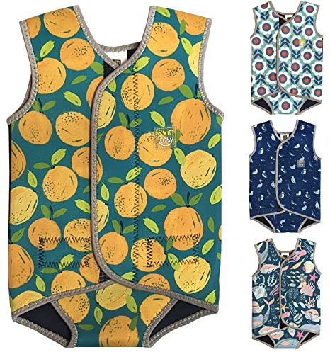Swim Cosy Baby/Toddler Wetsuit Vest with UPF50 - Neoprene Wrap around design for Boys/Girls 0-3 years - Unicorns, Dinosaurs, Ducks (Orange Splash, MEDIUM 6-18 Months)