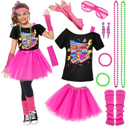 80er Jahre Outfit für Kinder Mädchen 80er Jahre Accessoires T-Shirt, Tutu, Stirnband, Neon Ohrringe, Halskette, Armband, Beinlinge, Netzhandschuhe, Brille für Mädchen 10 11 12 13 14 15 16 17 18 Jahren