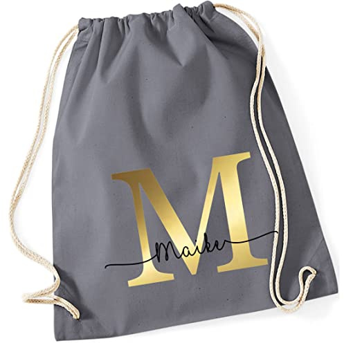Personalisierter Turnbeutel mit Buchstabe und Name | Motiv Monogramm Initiale | Bedruckter Stoffbeutel Kordel-Rucksack zum Zuziehen | Geschenk-Idee Schulanfänger Geburtstag
