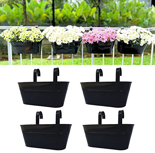 LaLaGreen Outdoor Rail Planter Plants (4 Pack, 11.2 Inch) Black Metal Iron Hanging Flower Pots Deck Railings Fence Buckets Modern Boho Style Wall Mount Window Box Plant Holder with Hooks Porch Decor