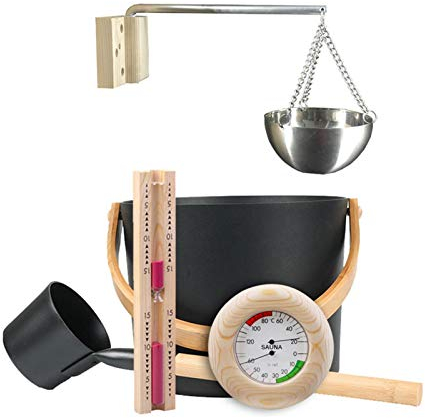 Saunakübel 7L Saunakübel mit Schöpfkelle Sauna Zubehör Set Klassisches Sauna Zubehör Set 5-teilig Sauna Set aus naturbelassenem Kiefernholz Schaufel/Sanduhr/Thermometer Hygrometer